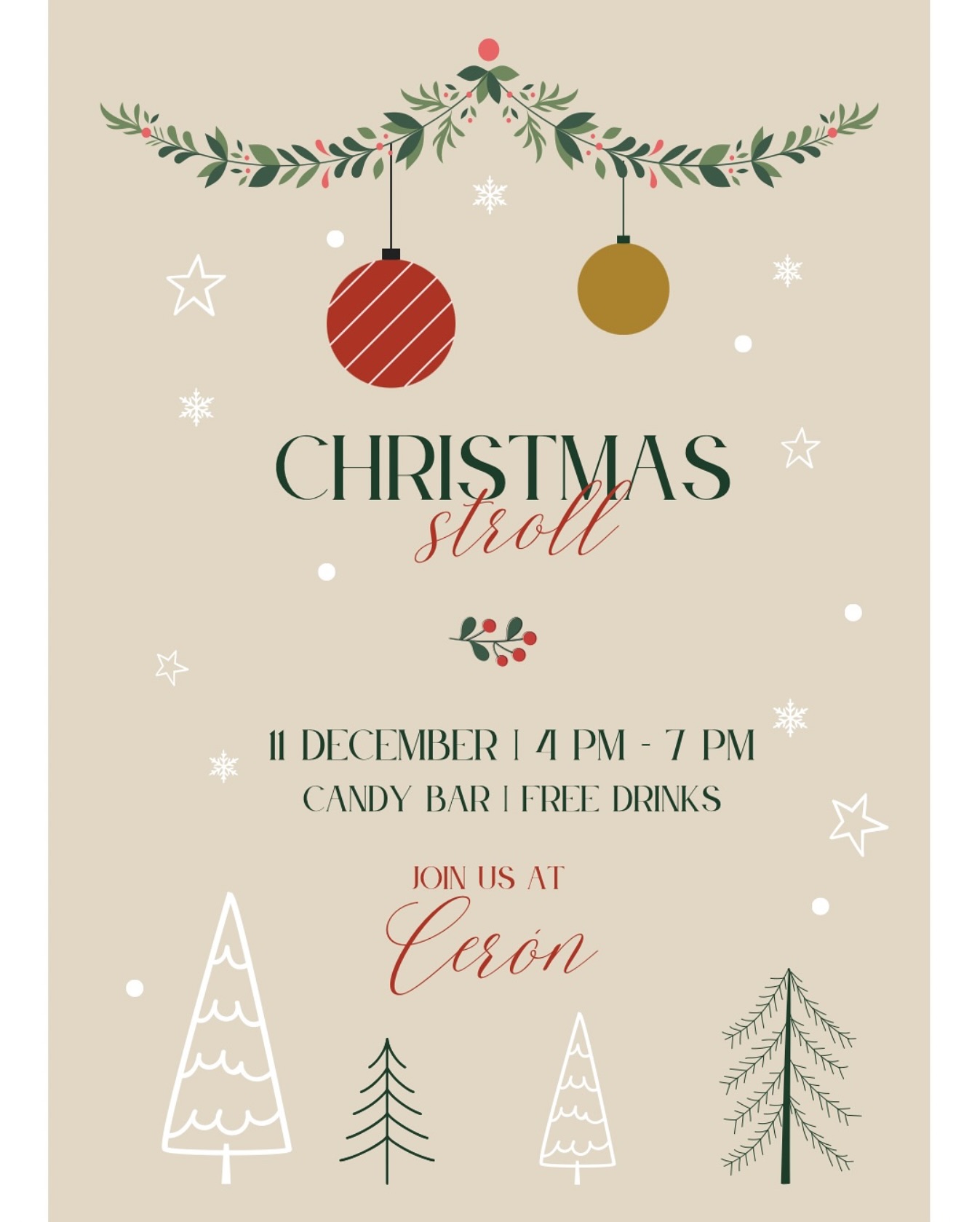 ONE MORE WEEK! 
Join us for the annual Christmas Stroll in @hp_village on December 11th. 🎄
Cerón is hosting a festive celebration with a candy bar, hot chocolate, and treats from 4 PM to 7 PM. 🎁
We can’t wait to see you there!