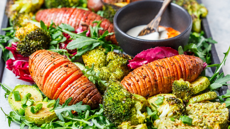 Roasted vegetable salad served on a sheet pan